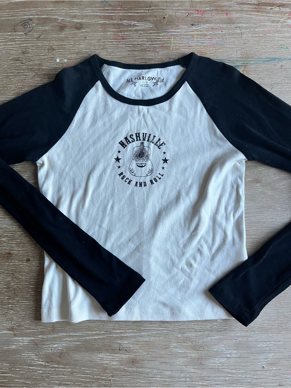 Harlow Black and White Nashville Rock & Roll Raglan Top